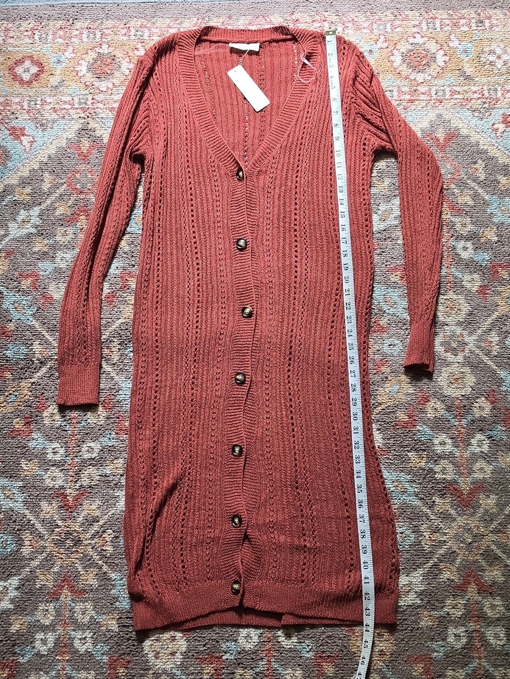 Doe And Rae Long Terracotta Knit Button-Front Cardigan Womens Medium 1